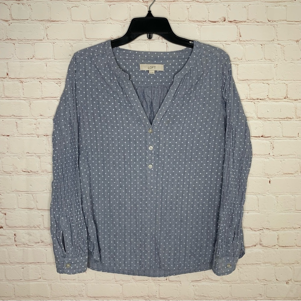 LOFT Womens Blue Chambray Flower Print Long Sleeve Popover Shirt Top Size M